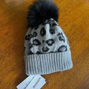 Adrienne Landau Leopard Beanie with Faux Fur Pom in Gray Adrienne Landau Leopard Beanie with Faux Fur Pom main image 3